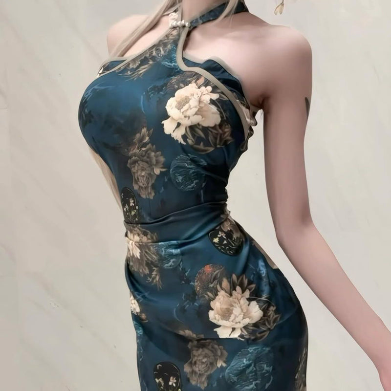 New Chinese Style National Style Exquisite Improved Cheongsam Floral Halter Neck Dress for Women Spring Summer Elegant Sexy Bodycon Long Dress