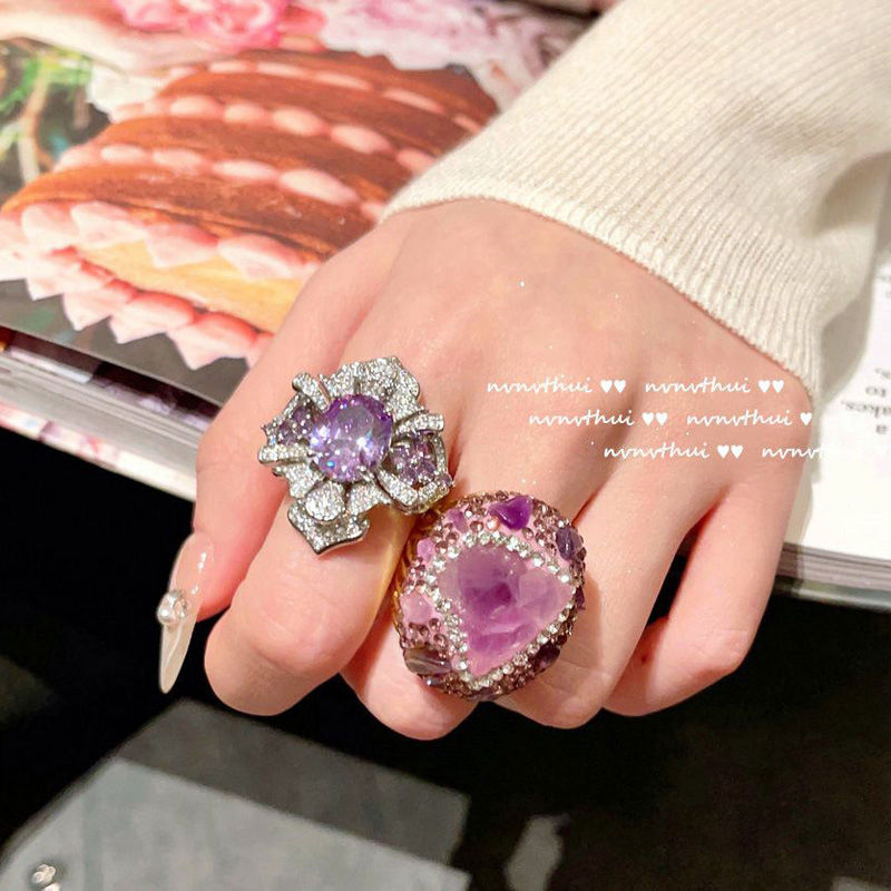 Flower with diamond zircon inlaid luxury ring light luxury Japanese and Korean niche design exaggerated full diamond ring