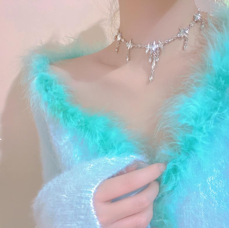 Qingshui Lingzi - Super Fairy Temperament Niche Full Diamond Tassel Design Sense Choker Necklace Party Dress Accessories for Women