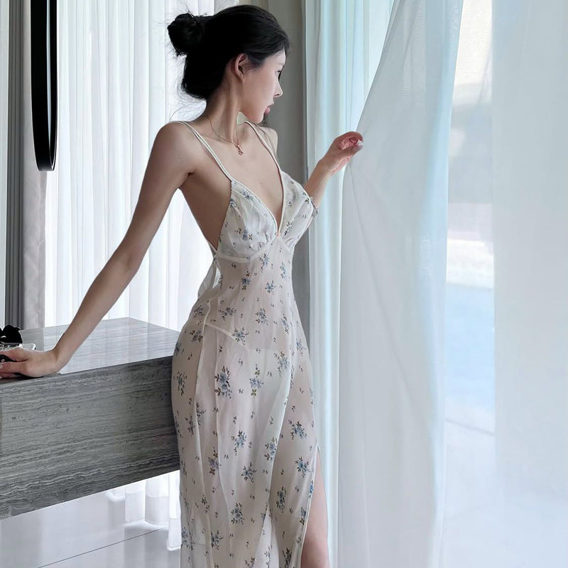 Pure Desire Style Sexy Hot Girl Floral Backless Strap Dress Summer Vacation Slimming Base Dress Slit Long Dress