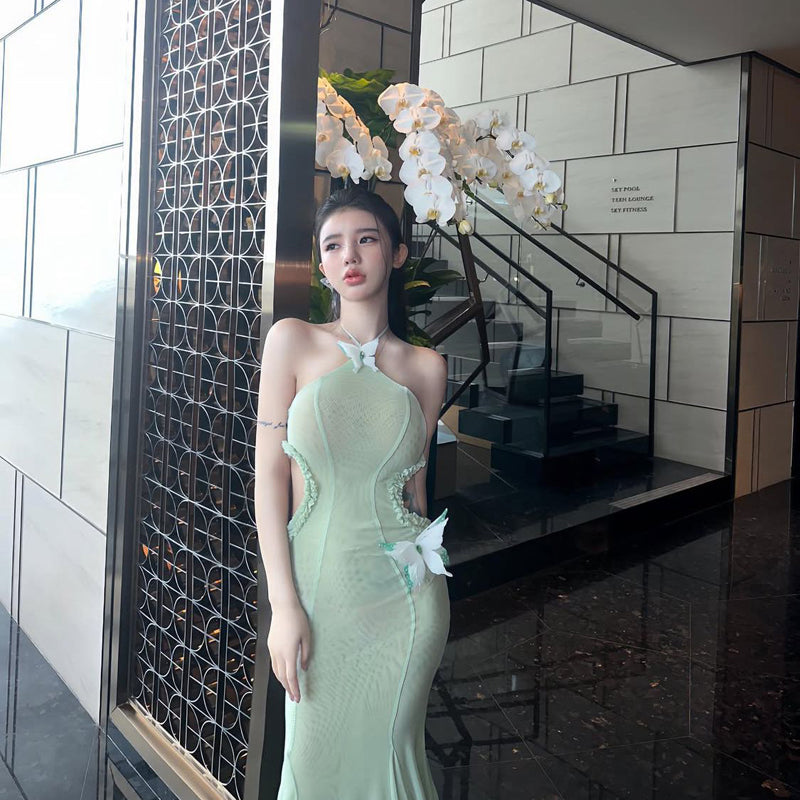 Pure Desire Style Sexy Hot Girl 3D Butterfly Decor Halter Neck Dress Beach Slimming Hollow Out Lace Long Dress