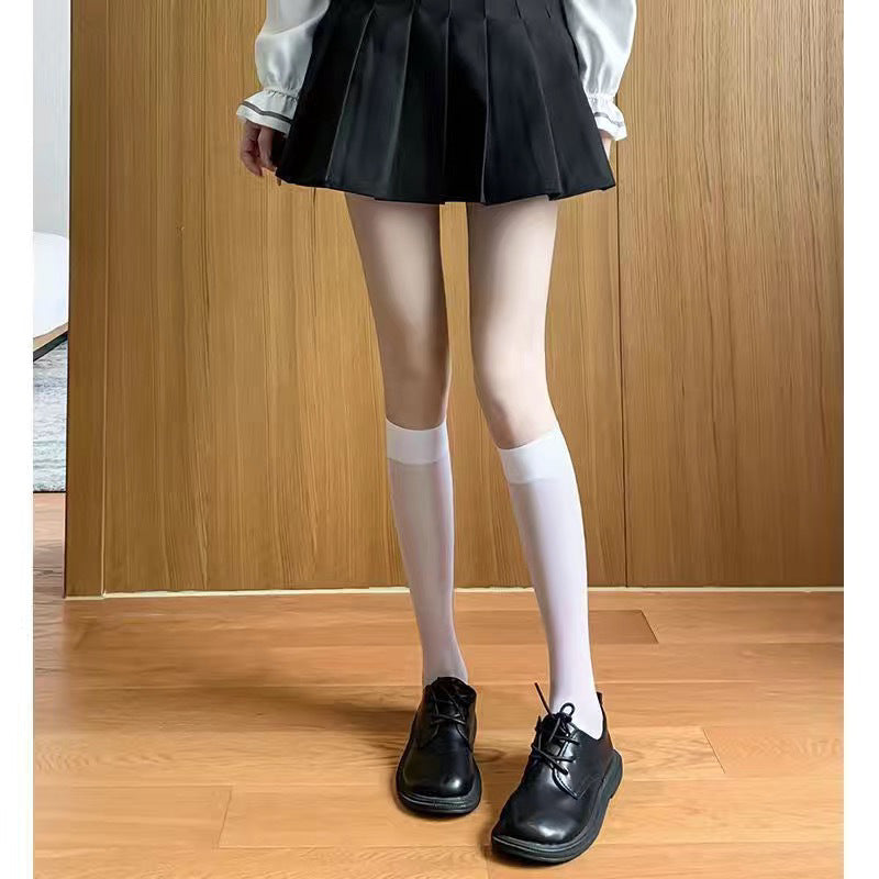 [2377 People Collected] Aurora Lace Trim Long Tube Socks Black Silk Silicone Non-Slip Toe Transparent Sexy Glossy Stockings Over-the-Knee Socks Pure Desire
