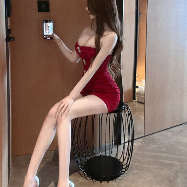 Pure Desire Style Sexy Hot Girl Red Strapless Dress Women Light Luxury Rich Family Sense Waist Slimming Bodycon Dress Summer