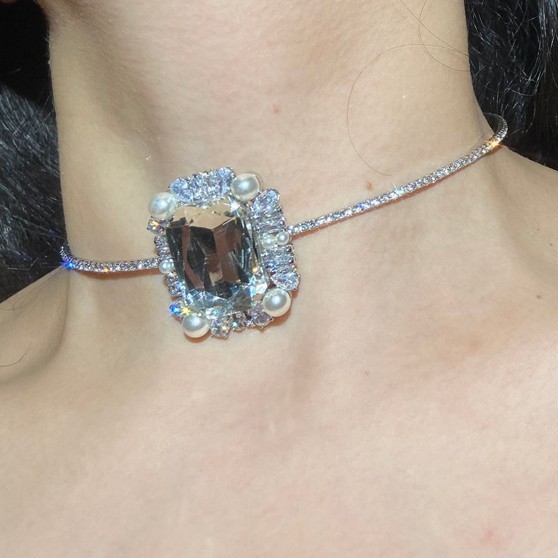 Choker Flash Diamond Necklace Square Diamond Design Sense Niche Neck Chain Wedding Dress Accessories Nightclub Disco Choker
