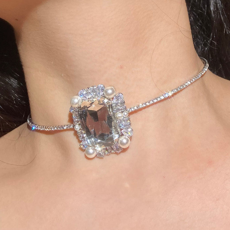 Choker Flash Diamond Necklace Square Diamond Design Sense Niche Neck Chain Wedding Dress Accessories Nightclub Disco Choker