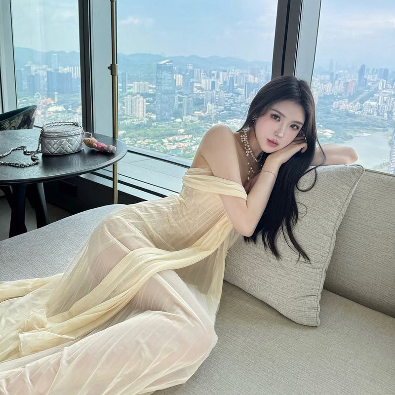 Pure Desire Sexy Spicy Girl Strapless Dress Women Summer Vacation Elegant Beach Dress Beach Long Dress Mesh Dress