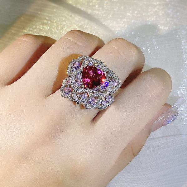 High-end design, colorful ice flower temperament, full of diamonds, cold wind flower ring, light luxury high-end ring.