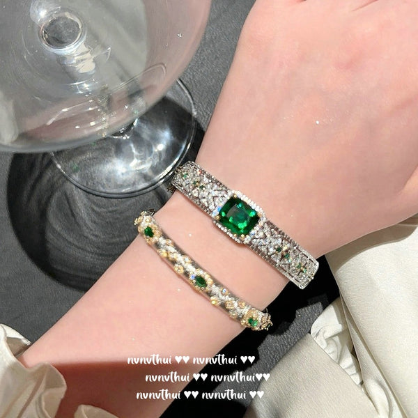 Textured Carved Gold Peacock Green Firework Zircon Bracelet Antique Feel 18K Gold Plated Honeycomb Emerald Zircon Bracelet