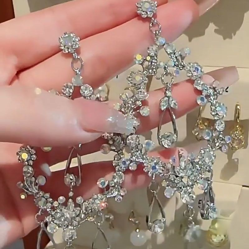 Hong Kong style flash diamond irregular fringed large earrings full diamond earrings