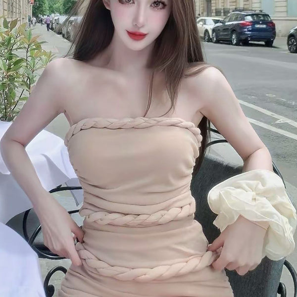 Pure Desire Style Sexy Hot Girl Strapless Dress Slimming Hot Girl Braided Edge Wrapped Chest Slim Waist Bodycon Dress Summer