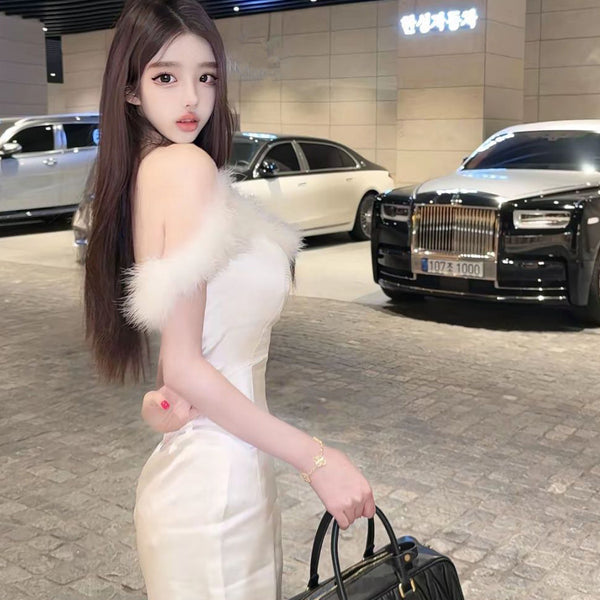Pure Desire Style Sexy Hot Girl Off-Shoulder Dress Women Summer White Birthday Dress Slimming Backless Base Short Dress
