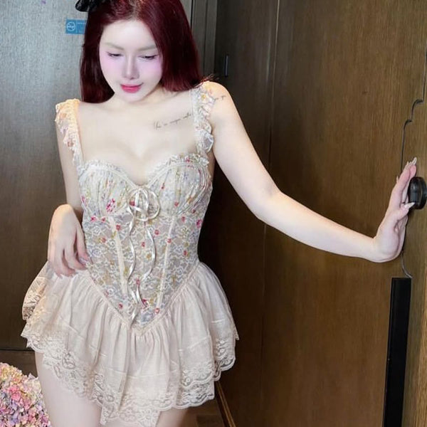 Pure Desire Style Sexy Hot Girl Floral Print Sweet Fishbone Bra with Chest Pads Slimming Gathered Sexy Short Dress Nightdress