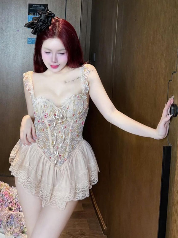 Pure Desire Style Sexy Hot Girl Floral Print Sweet Fishbone Bra with Chest Pads Slimming Gathered Sexy Short Dress Nightdress