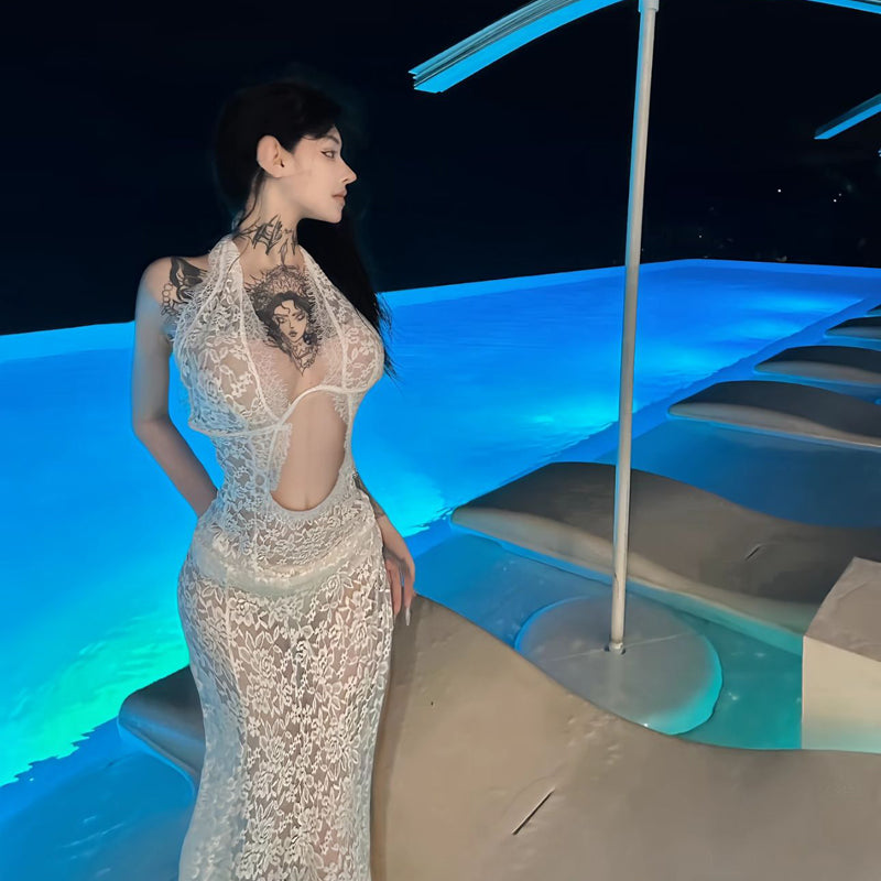 Pure Desire Style Sexy Hot Girl Hollow Out Sheer V-neck Low-cut Lace Halter Dress Sheer Long Dress Beach Dress