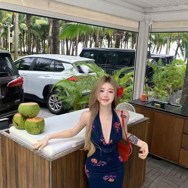 Pure Desire Style Sexy Hot Girl Floral Print Strap Dress Tube Top Slimming Vacation Beach Bodycon Long Dress