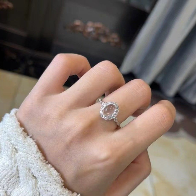 Natural ice-through agate white chalcedony ring women's Chinese retro temperament oval egg surface open ring