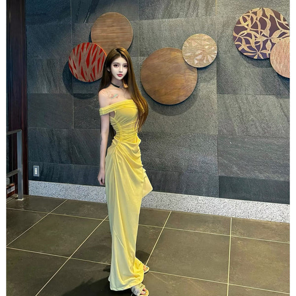 Pure Desire Sexy Hot Girl Off-Shoulder Yellow Mesh Dress Beach Vacation Slim Fit Ruched Slimming Bodycon Long Dress