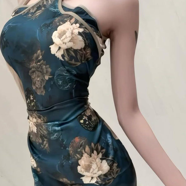 New Chinese Style National Style Exquisite Improved Cheongsam Floral Halter Neck Dress for Women Spring Summer Elegant Sexy Bodycon Long Dress