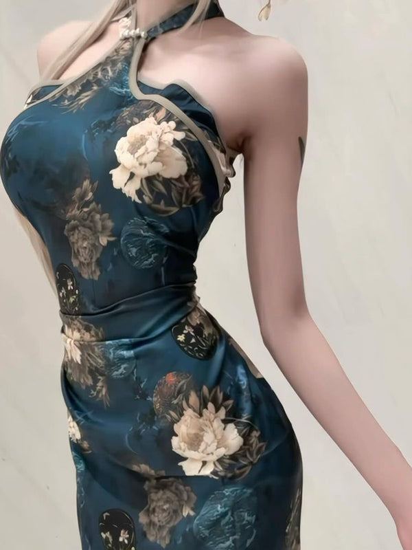 New Chinese Style National Style Exquisite Improved Cheongsam Floral Halter Neck Dress for Women Spring Summer Elegant Sexy Bodycon Long Dress