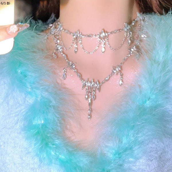 Qingshui Lingzi - Super Fairy Temperament Niche Full Diamond Tassel Design Sense Choker Necklace Party Dress Accessories for Women
