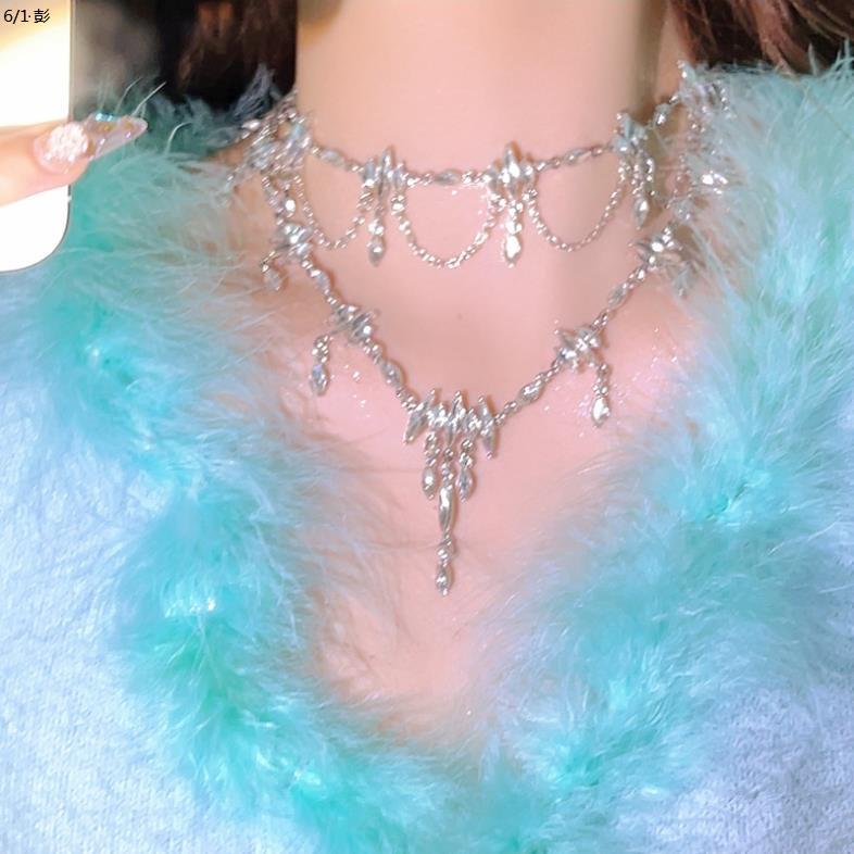 Qingshui Lingzi - Super Fairy Temperament Niche Full Diamond Tassel Design Sense Choker Necklace Party Dress Accessories for Women