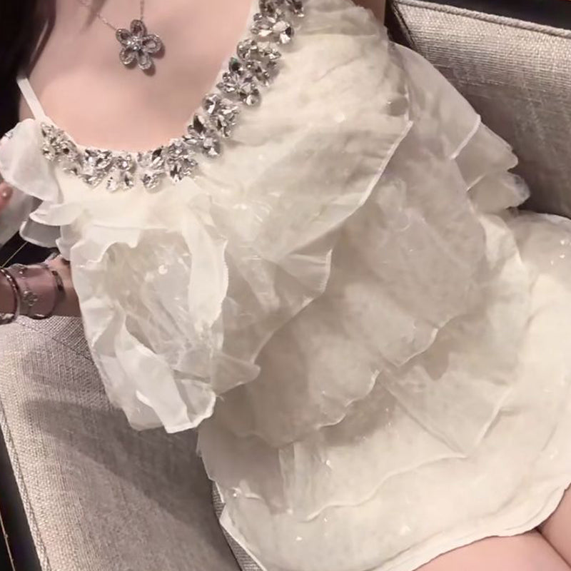 Pure Desire Style Sexy Hot Girl Lace Patchwork Spaghetti Strap Dress Summer Beach Vacation Slimming Rhinestone High-end Feel