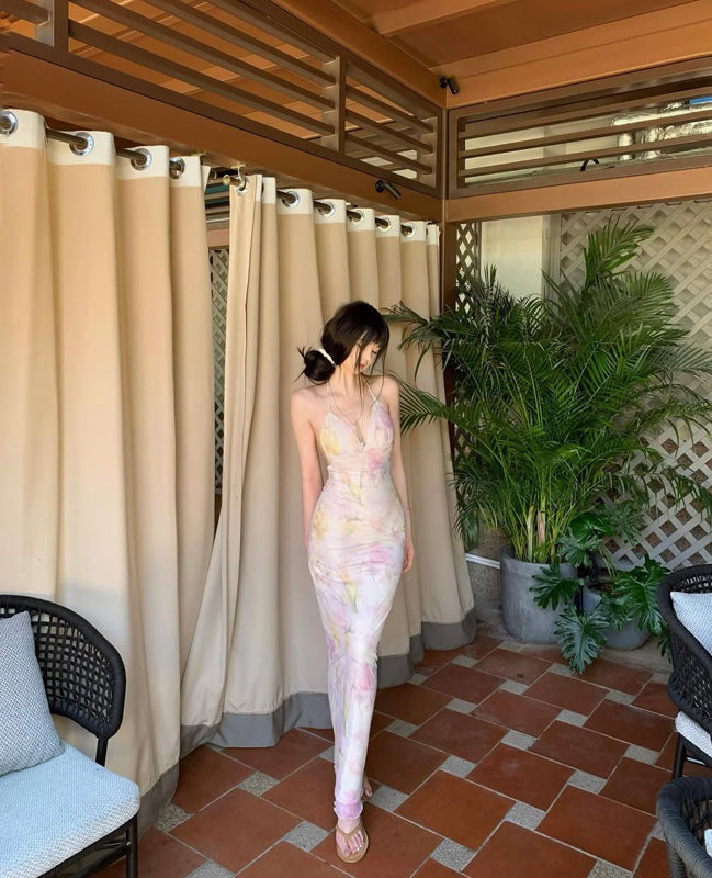 Pure Desire Style Sexy Hot Girl Floral Strap Dress Women Summer Vacation Slim Beach Backless Butterfly Bodycon Long Dress