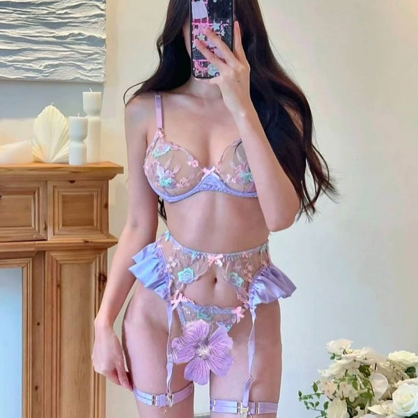 Pure Desire Style Sexy Hot Girl Embroidered Lace Bra Set for Women Summer Beach Vacation Slimming High-end Underwear