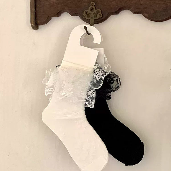 Fashion niche girl heart dark pattern lace calf socks spring and summer ultra-thin Korean girl medium tube socks