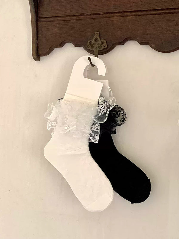 Fashion niche girl heart dark pattern lace calf socks spring and summer ultra-thin Korean girl medium tube socks