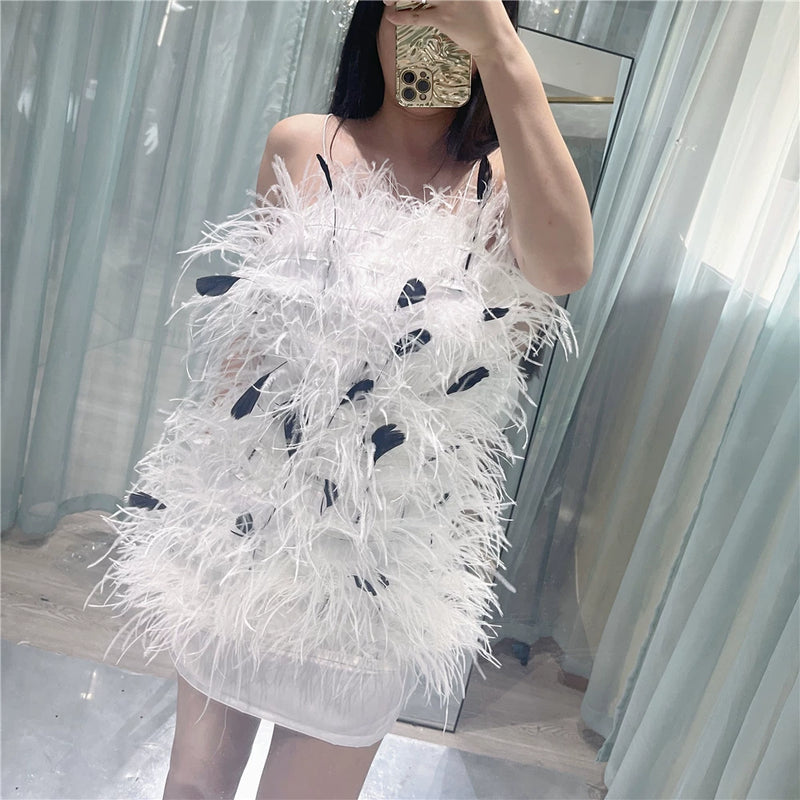 Rich daughter celebrity high luxury, real ostrich hair white swan feathers heavy industry neck slim dress