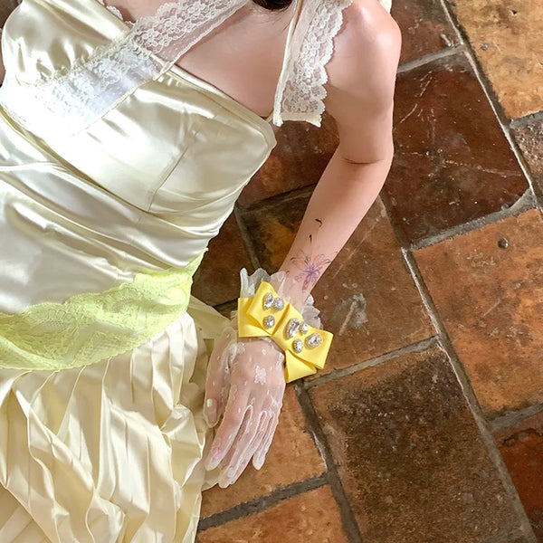 Fashion niche spring and summer court gorgeous texture glossy ribbon inlaid gemstone lace mesh jewelry gloves