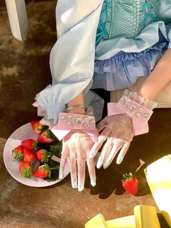 Fashion Niche Spring Summer Palace Gorgeous Textured Glossy Ribbon Inlaid Gemstone Lace Velvet Jewelry Gloves