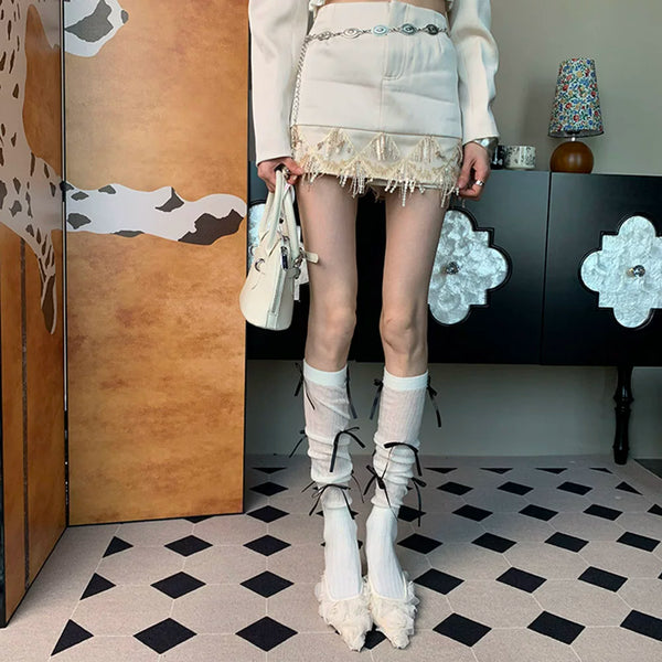 White peach summer~ summer 2025 new French romantic niche women thin black bow white calf