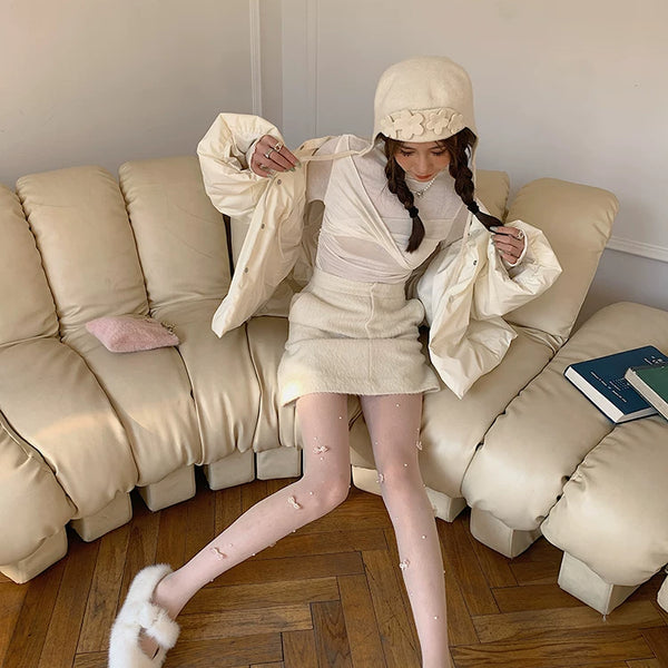 Fashion original niche design bow crystal pearl milk white one-piece socks sexy college style stockings