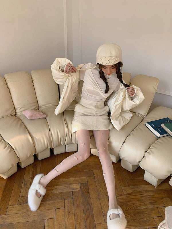 Fashion original niche design bow crystal pearl milk white one-piece socks sexy college style stockings