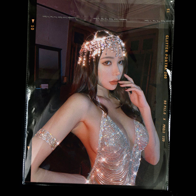 Summer sexy rhinestone sling hollow perspective neck dress nightclub dancing short skirt photo dress woman