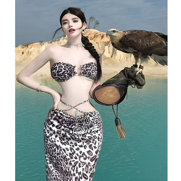 Hot girl sexy chest wrapped vacation beach INS anchor strapless beach temptation slim half skirt leopard print set