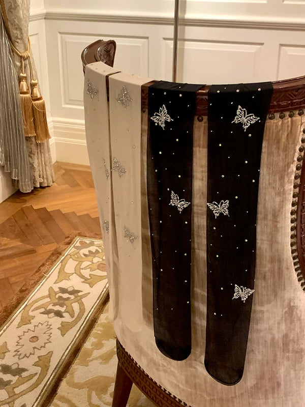 Fashion niche, manual heavy industry, hot diamond butterfly heavy industry can cut anti-hook black milk white stockings at will