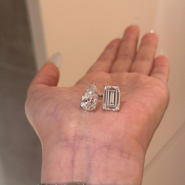Twin stone pear shaped water droplet large sugar diamond ring with open mouth, niche design, light luxury European and American ring