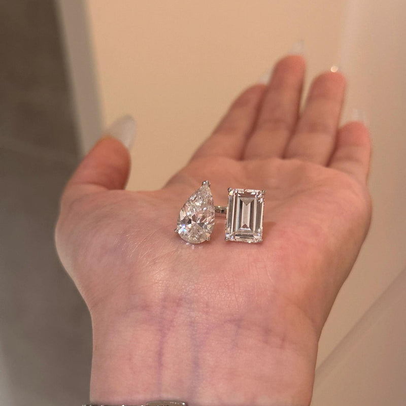 Twin stone pear shaped water droplet large sugar diamond ring with open mouth, niche design, light luxury European and American ring