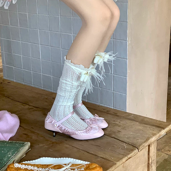 Fashion niche Japanese girl spring and summer thin lace medium tube fungus edge ostrich hair bow calf socks