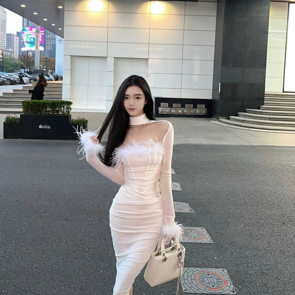 Pure desire feminine girl super fairy ostrich hair temperament versatile high waist solid color feathers fish bone waist dress spring