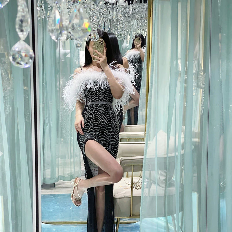 Full Body Hot Diamond Luxury Heavy Industry Ostrich Feather Feather, Extravagant Evening Dress Birthday Dress