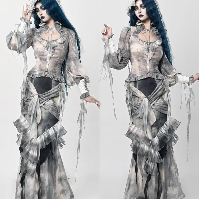 Gothic chiffon tie-dye European old shirt top autumn Christmas