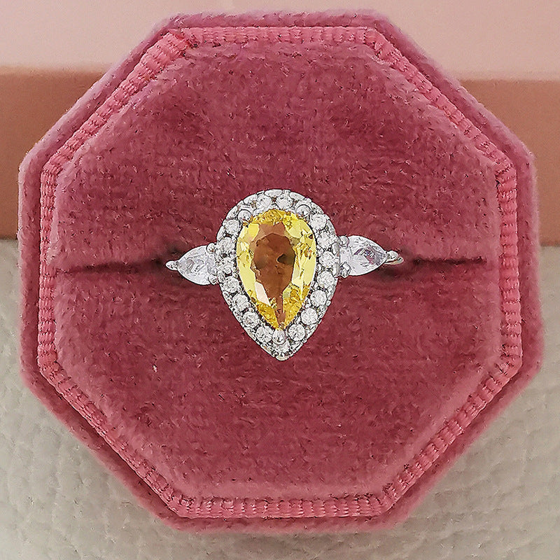 European and American new minimalist yellow pear shaped diamond zircon ring trend