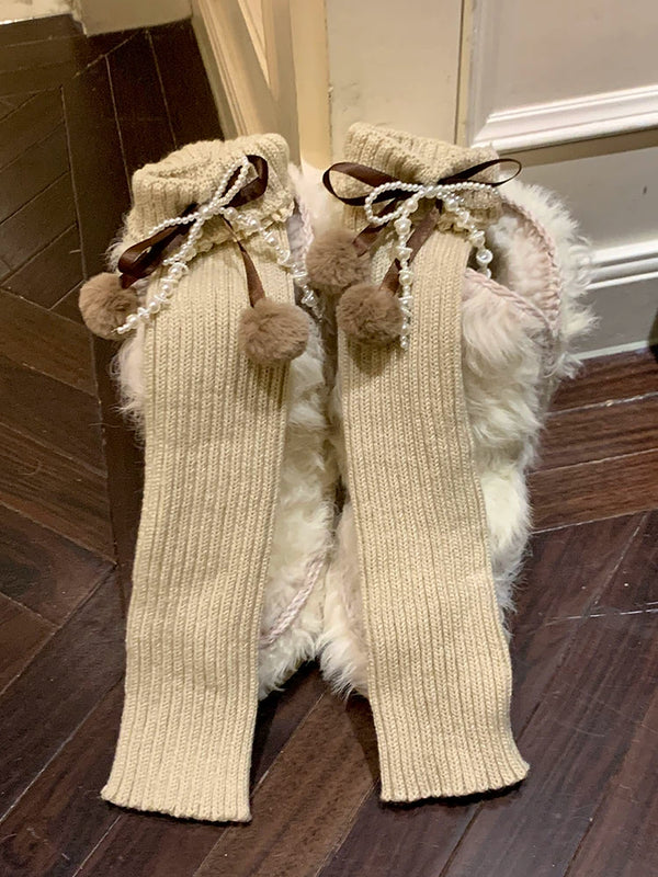 Fashion Coffee Hairball Leg Cover Female Pearl Bow Lace Stacking Socks Stacked Calf Socks Cover