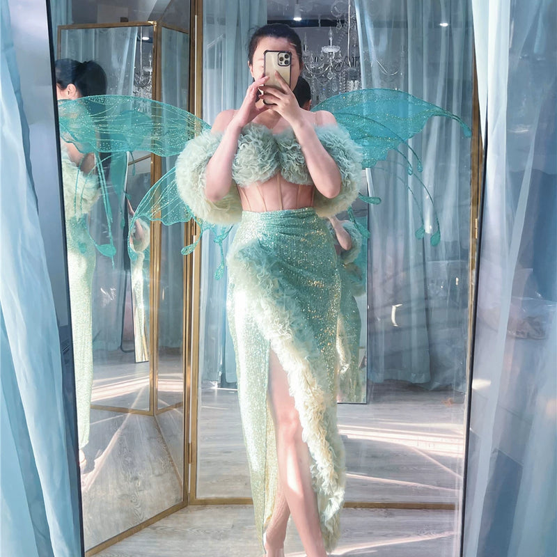 Mint Mambo | Fishbone Corset One-word Neck Fungus Edge Three-dimensional Flower High Split Sequins Wrap Skirt Set