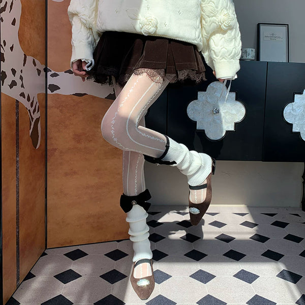 Paris Art Museum Grade Murray Knitted White Bow Stacked Socks Cover Winter Stacked Milk White Romper Female DF