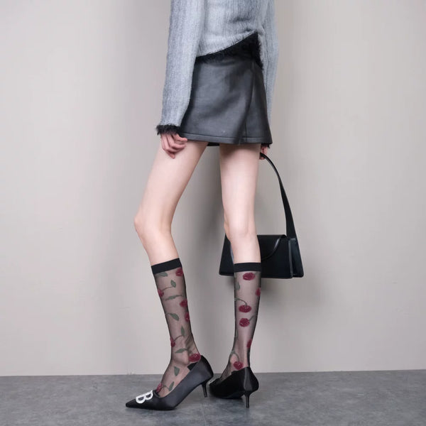 Cherry Free~ French Romantic Red Cherry Jacquard Multi-Color Skinny Calf Socks